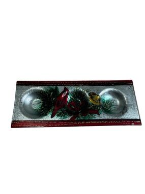 Glass Cardinal 3 Tealight Candle Holder Tray Christmas Holiday